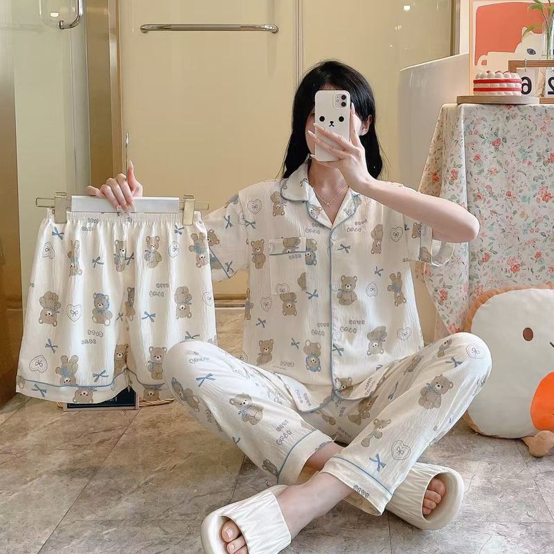 跨境云朵棉睡衣三件套女夏季短袖长裤短裤春秋季家居服套装外贸|undefined
