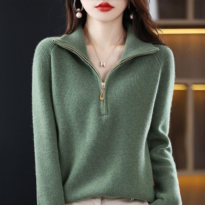 [Cashmere Family] Women's Knitted Pullover Polo Collar Sweater, Stylish Inner Layer, Plus Size Thickened Base Shirt