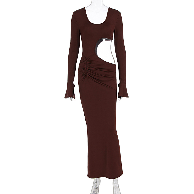 Women Fashion Elegant Sexy Hollow Out Slim Fit U Neck Long Sleeve Bodycon Party Evening Cocktail Dress_ecoleips.com