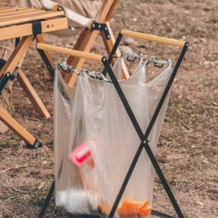 Outdoor Folding Garbage Rack Household Portable Kitchen Sundries Plastic Bag Holder Wooden Handle Camping