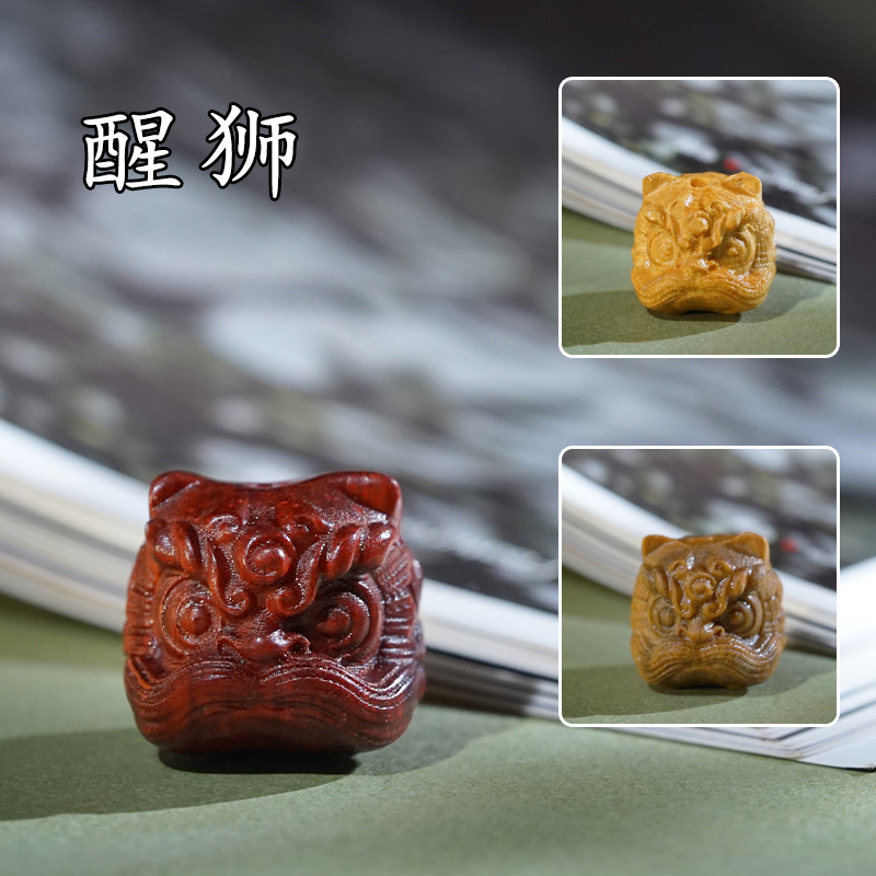 天然檀木雕刻醒狮小配饰红木文玩散珠配件文玩木作DIY挂饰