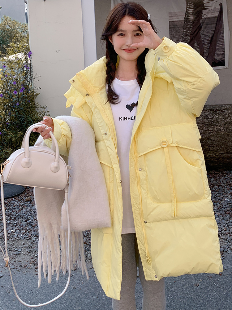 奶fufu黄色羽绒服女冬2023新款感超好看小个子中款白鸭绒外套
