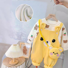 Children's Fleece Crossbody Bag Pants Set New Winter Outfit Boys' Long Sleeve Thick Sweatshirt Two-Piece Set Wholesale
