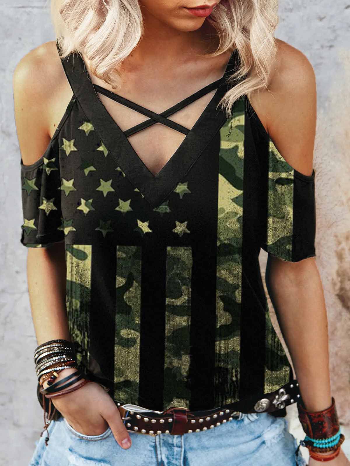 Women's T-shirt Short Sleeve T-shirts Printing Casual Sunflower Stripe American Flag display picture 2