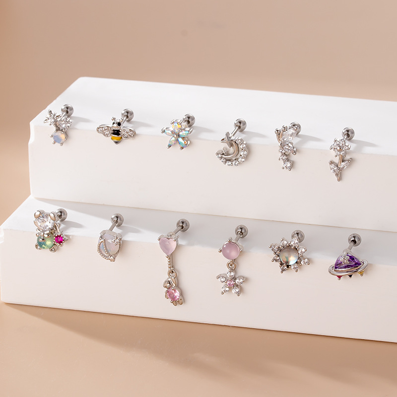 Ear Studs Classification Copper Rhinestones Ear Cartilage Rings & Studs Heart Shape Flower Waterproof Non Tarnish Surgical Steel Women'S