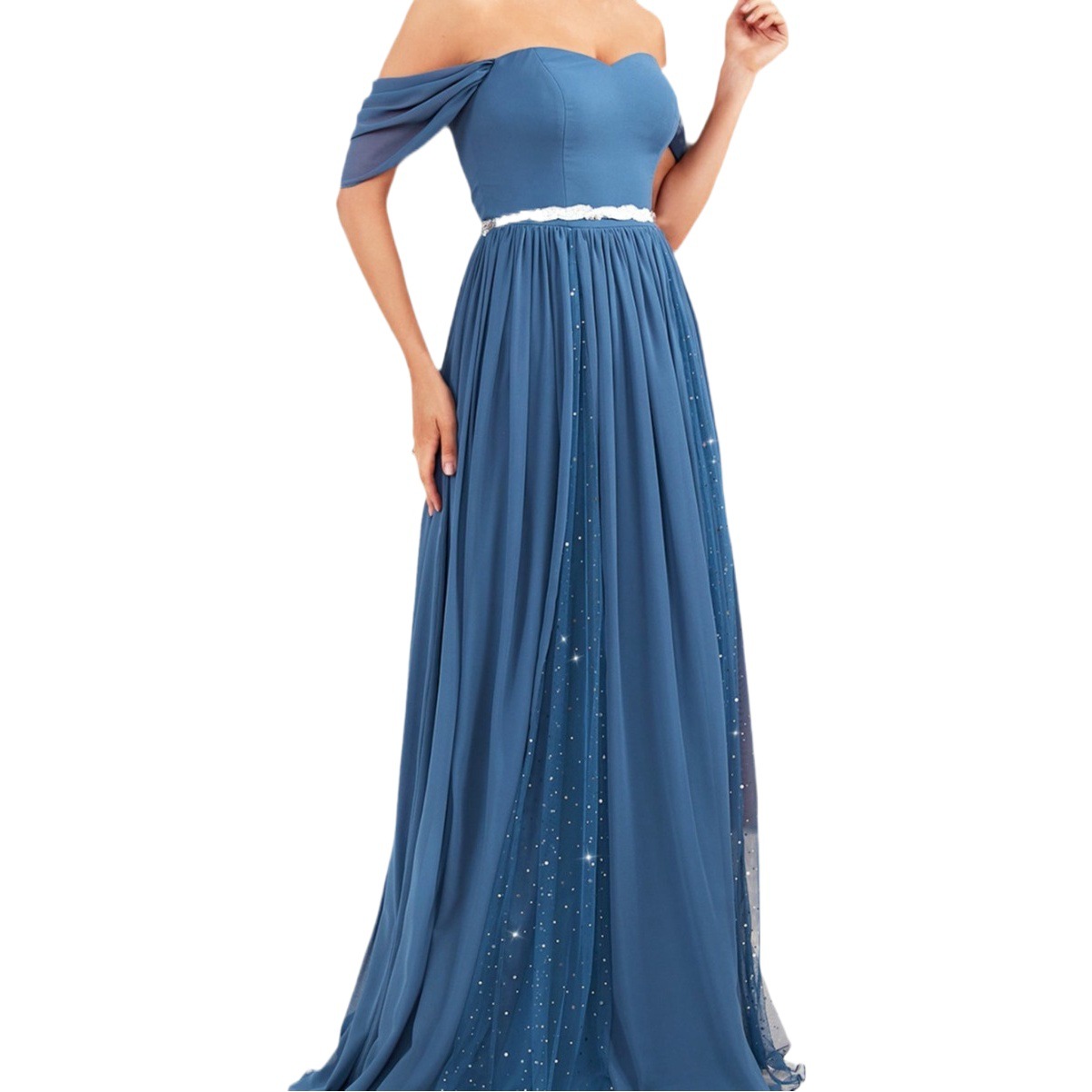 Vestido de noche de un solo hombro, nuevo estilo, con lentejuelas, cinta de gasa, elegante, sin espalda, falda larga, eBay