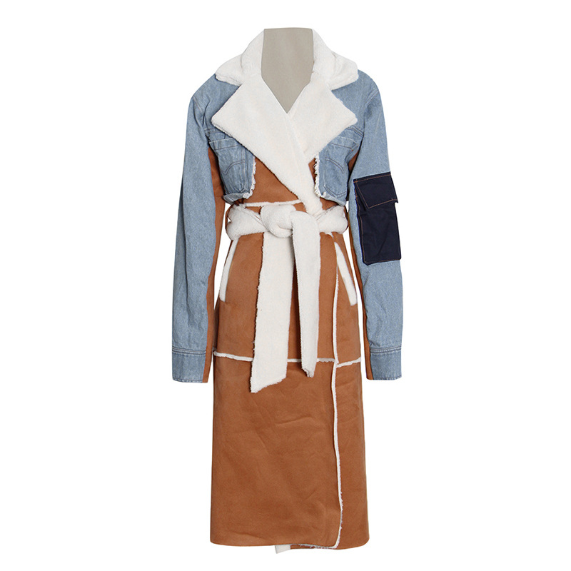 Primavera nueva chaqueta acolchada de algodón europea y americana 2024 solapa grande cintura encaje-up costura Denim largo abrigo de lana de cordero