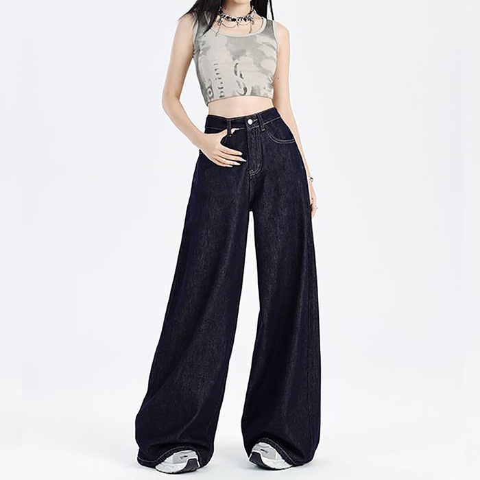 春秋季美式深蓝牛仔裤女2025新款小个子高腰显瘦直筒宽松阔腿裤子|undefined