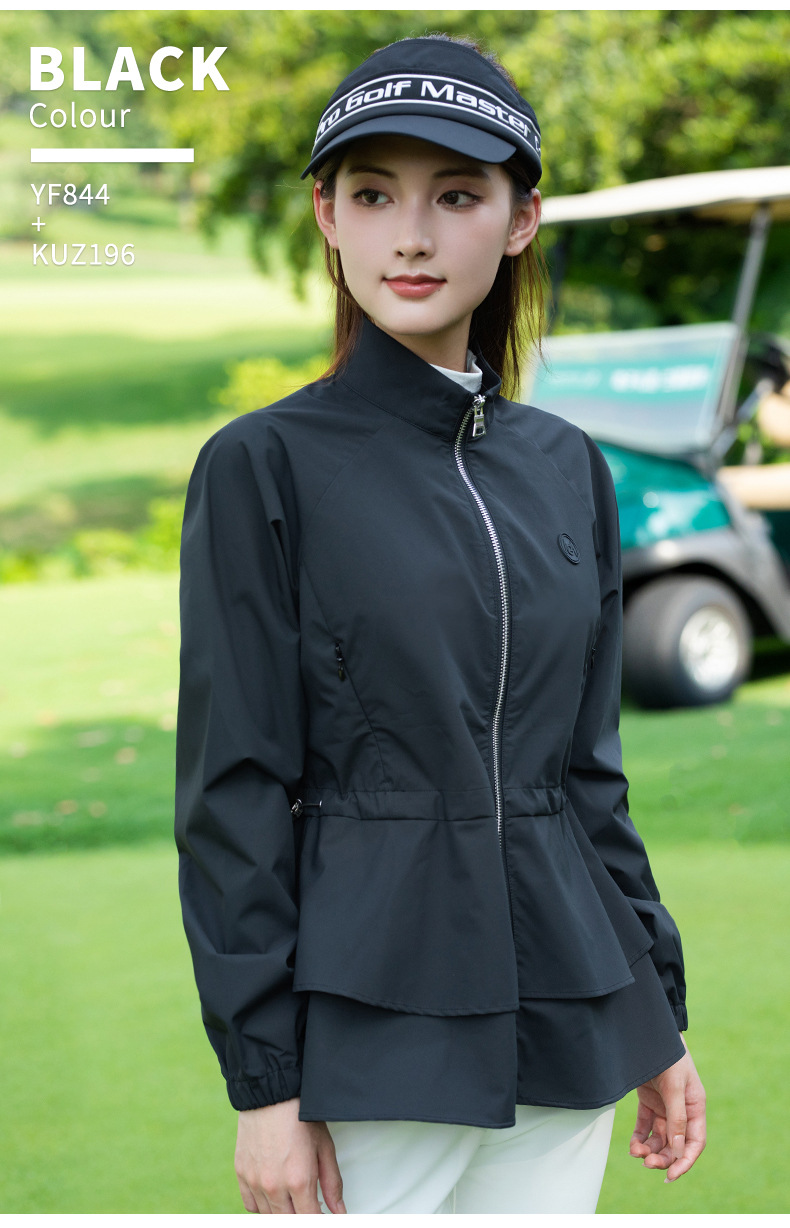 Áo khoác golf nữ cổ đứng, viền lông, dây kéo, chống gió chống thấm — Áo khoác màu xám [vải chống gió/chống thấm nước và chống văng/dây thắt lưng có thể điều chỉnh] YF844 chi tiết 11