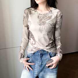 网纱打底衫女2025秋冬新款复古印花上衣修身显瘦长袖恤小衫