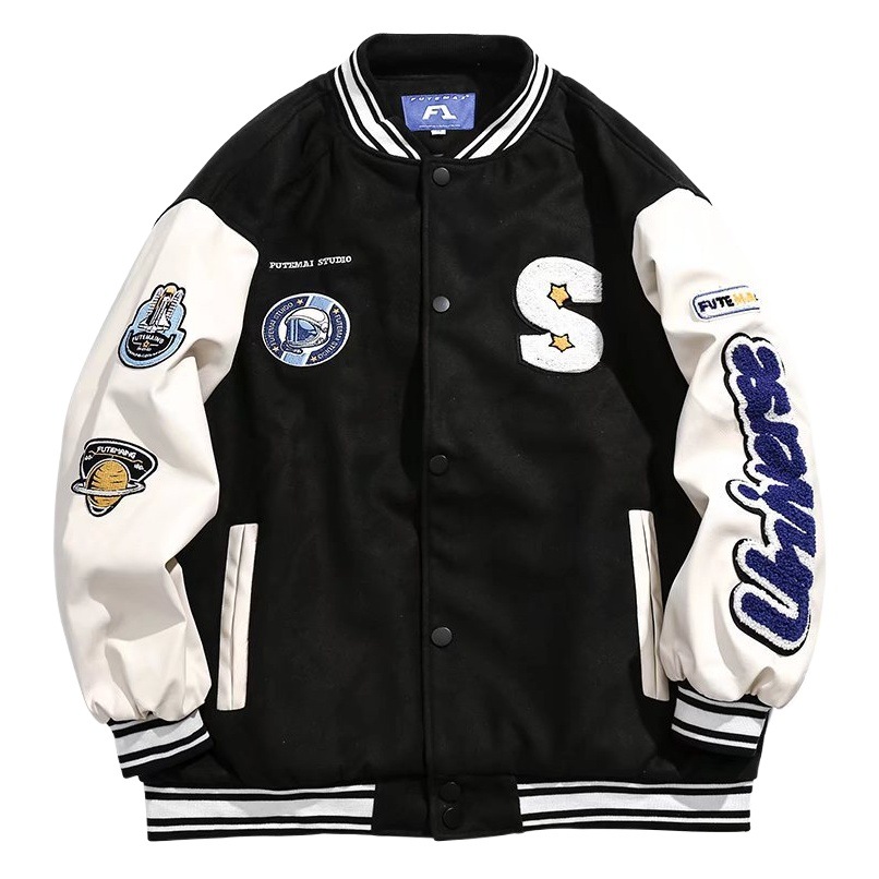 Uniforme de béisbol retro americano klein manga de cuero azul costura suéter chaqueta de los hombres de pareja azul chaqueta casual
