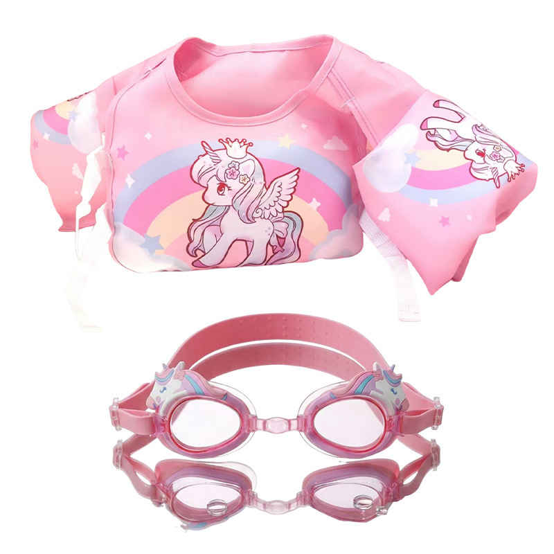 Chaleco flotante infantil de dibujos animados grueso chaleco de natación para niños combinación de gafas de natación pony image 19