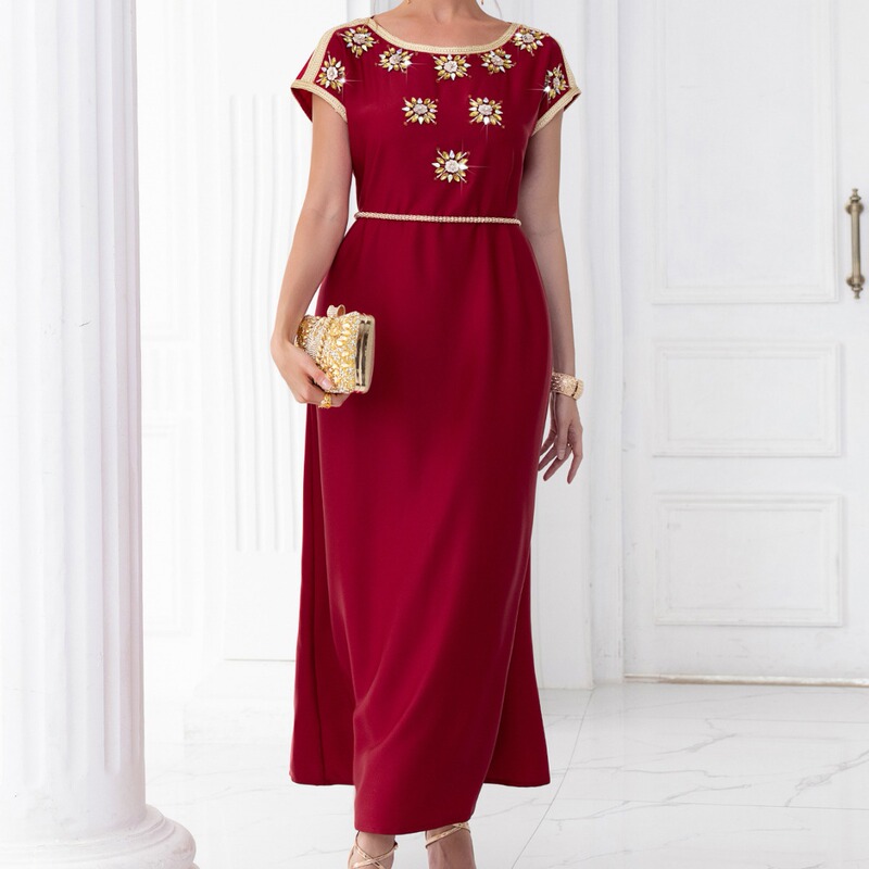 BA7030 Wine Red Walt Satin Heavy Industry Hand-stitched Diamond Short-sleeved Celebrity Style Vintage dress