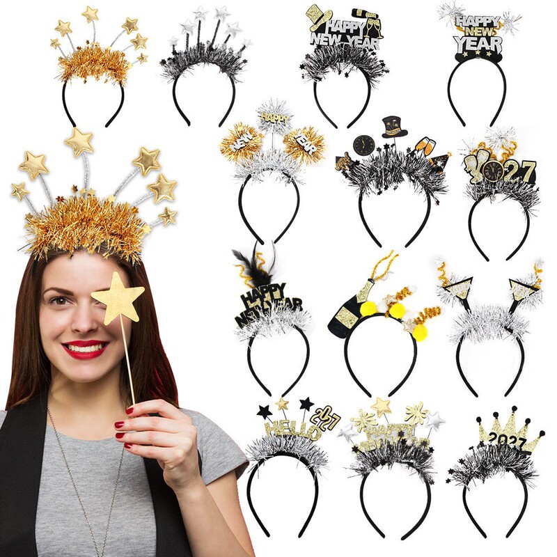 New Year Star and Ribbon Decoration Headband, New Year's Eve Party Costume Photo Prop Headband, Black and Gold Wine Glass Letter Hair Accessory