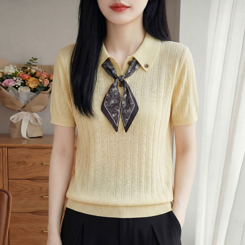2026 Spring/Summer New Thin Wool Polo Collar Knitwear Short Sleeve Women's Tie Loose Pullover Top T-Shirt 2026 Spring/Summer New Thin Wool Polo Collar Knitwear Short Sleeve Women's Tie Loose Pullover Top T-Shirt