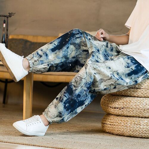Chinese-style wide-leg pants for men, cotton-linen radish pants, loose casual large size lantern pants, ethnic style floral pants, drawstring pants