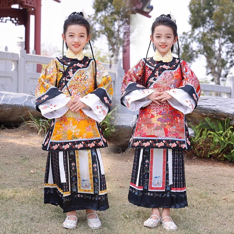 Детский костюм ханьфу династии Цин для девочек, наряд дворцовой принцессы для фотосессии, традиционная китайская одежда с косым воротником и принтом.