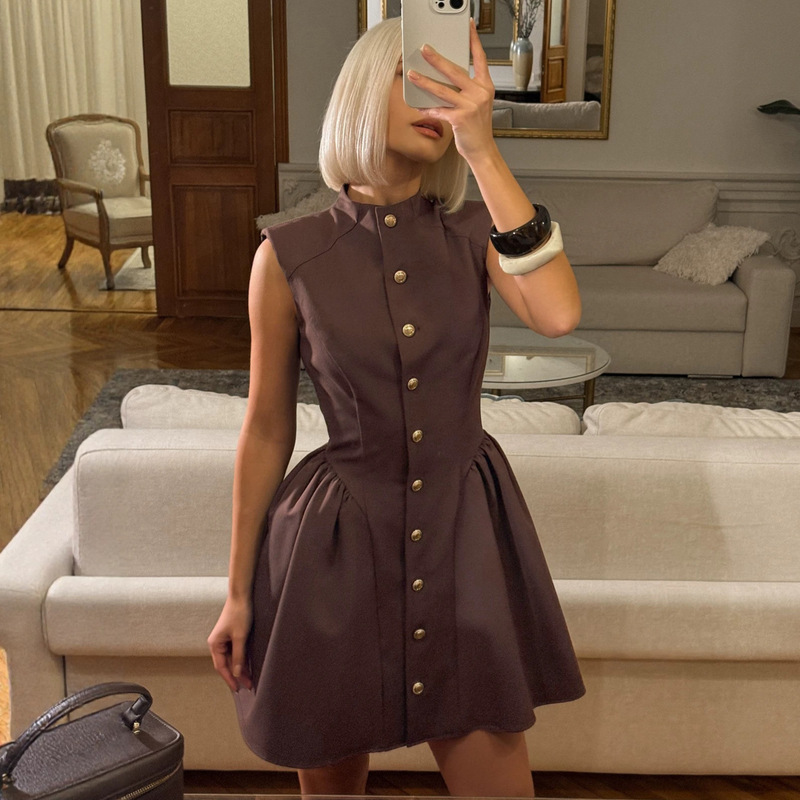 French-Style Retro Round-Neck Vest Dress for Women, 2026 Summer Old Money Style, Brown Waist-Cinching A-Line Dress, Elegant Women's Fashion