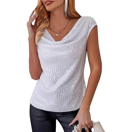 2025 Women Shiny Sequin Tops Cap Sleeves Glitter Evening Cocktail Blouse Party Shirt
