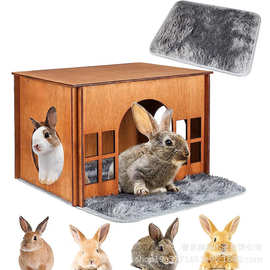 跨境木制兔子躲避屋可拆卸金丝熊造景用品小屋木制豚鼠兔子栖息地