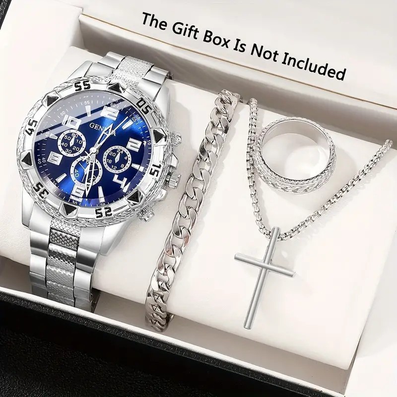 Cross-Border Luxury Gold Steel Band Watch, Blue Dial Three-Eye Chronograph Quartz Watch, Business Waterproof Men's Quartz Gold Watch