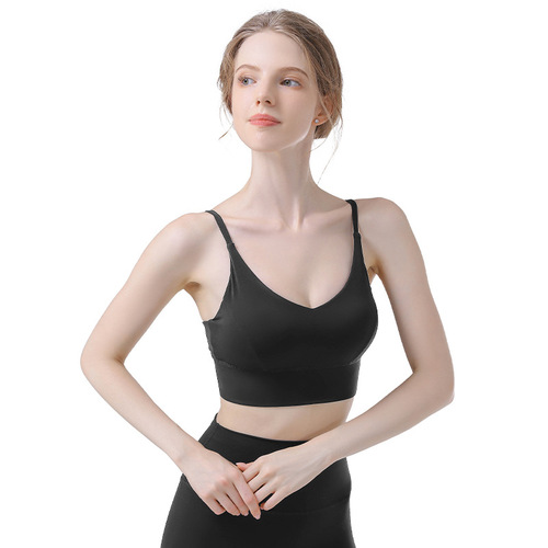 Low-intensity backless spaghetti strap sports bra for women, beautiful naked back, seamless outer wear suspender fitness bra wholesale