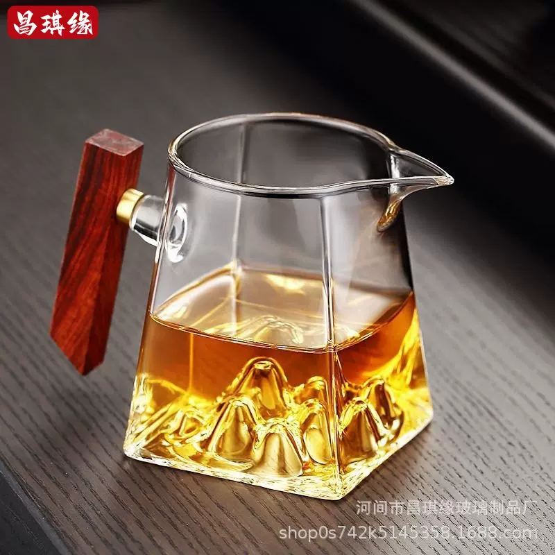侧木把手玻璃分茶器透明四方底观山公道杯茶具茶海匀杯高硼硅玻璃