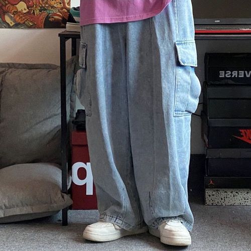 Retro washed loose wide leg men's jeans BF drape floor mopping lazy workwear large pockets straight leg dad pants