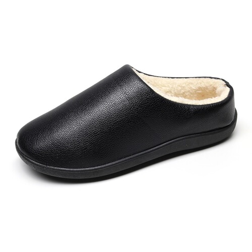 Winter New Home Shoes for Men, Anti-Slip Soft Sole, Leather Surface, Waterproof Men's Indoor Shoes, Warm Fleece, Comfortable Cotton Slippers