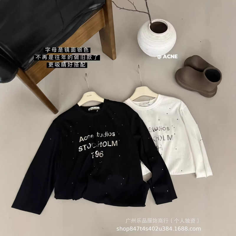 26 Early Autumn New Model Ac North America Limited Edition 1996 Silver Mirror Letter Rhinestone Long-Sleeve T-Shirt Women's Loose Top