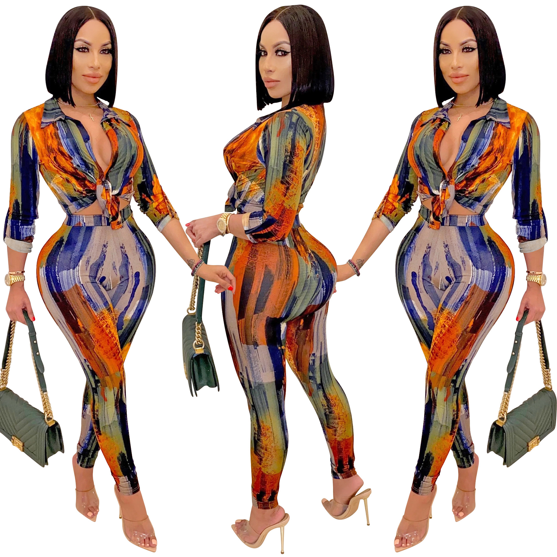 digital printing V-neck long-sleeved shirt trousers set nihaostyles clothing wholesale NSXYZ81564