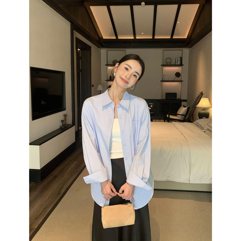 pusumede白色长袖衬衫女春季新款韩系宽松休闲衬衣设计感小众上衣|undefined