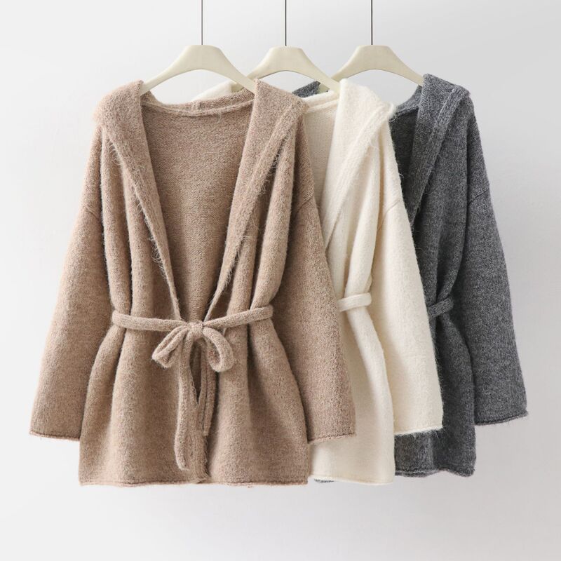 Hooded Korean Style Loose Knitted Sweater Women's Outwear Bathrobe Style Lace-Up Cardigan Simple Elegant Top Autum New Style Hooded Korean Style Loose Knitted Sweater Women's Outwear Bathrobe Style Lace-Up Cardigan Simple Elegant Top Autum New Style