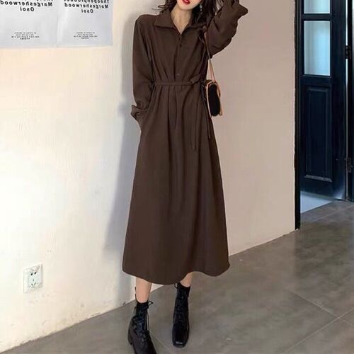 Coffee color shirt dress, women's morning and autumn new style French temperament retro Hepburn style long dress, waist skirt