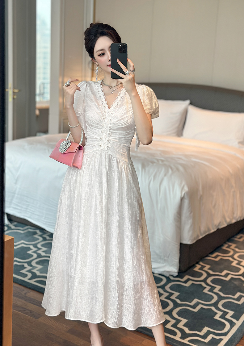 Đầm trắng cổ chữ V thiết kế kiểu Pháp, eo thon dáng dài mùa hè — trắng chi tiết 5
