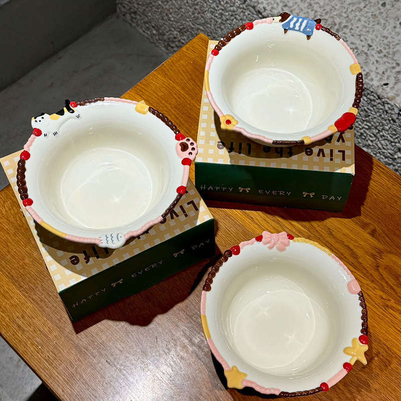 Cartoon Relief Ceramic Bowl for Home Use, High Aesthetic Value, Hand-Painted Underglaze Color Bowl, Soup Bowl, Dessert Bowl, Decorative Rim Bowl, Tableware