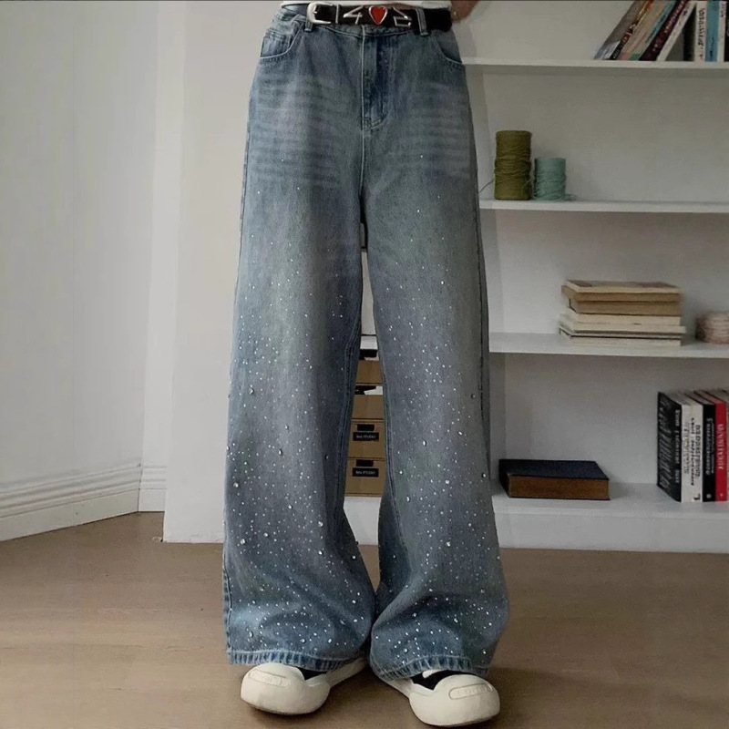 Men's Jeans with Starry Sky Rhinestones, Slimming Men's Jeans, Wide-Leg Lazy Floor-Length Jeans, Straight-Leg Jeans