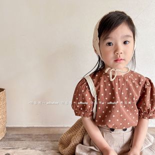 2025 Children's Clothing New Summer Products Girls Summer Korean Style Linen Cotton Puff Sleeve Short-Sleeved Shirt 122307