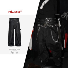 MIJKO男装女0pium风格黑色原牛工装伐木裤男女同款明线小纽带长裤