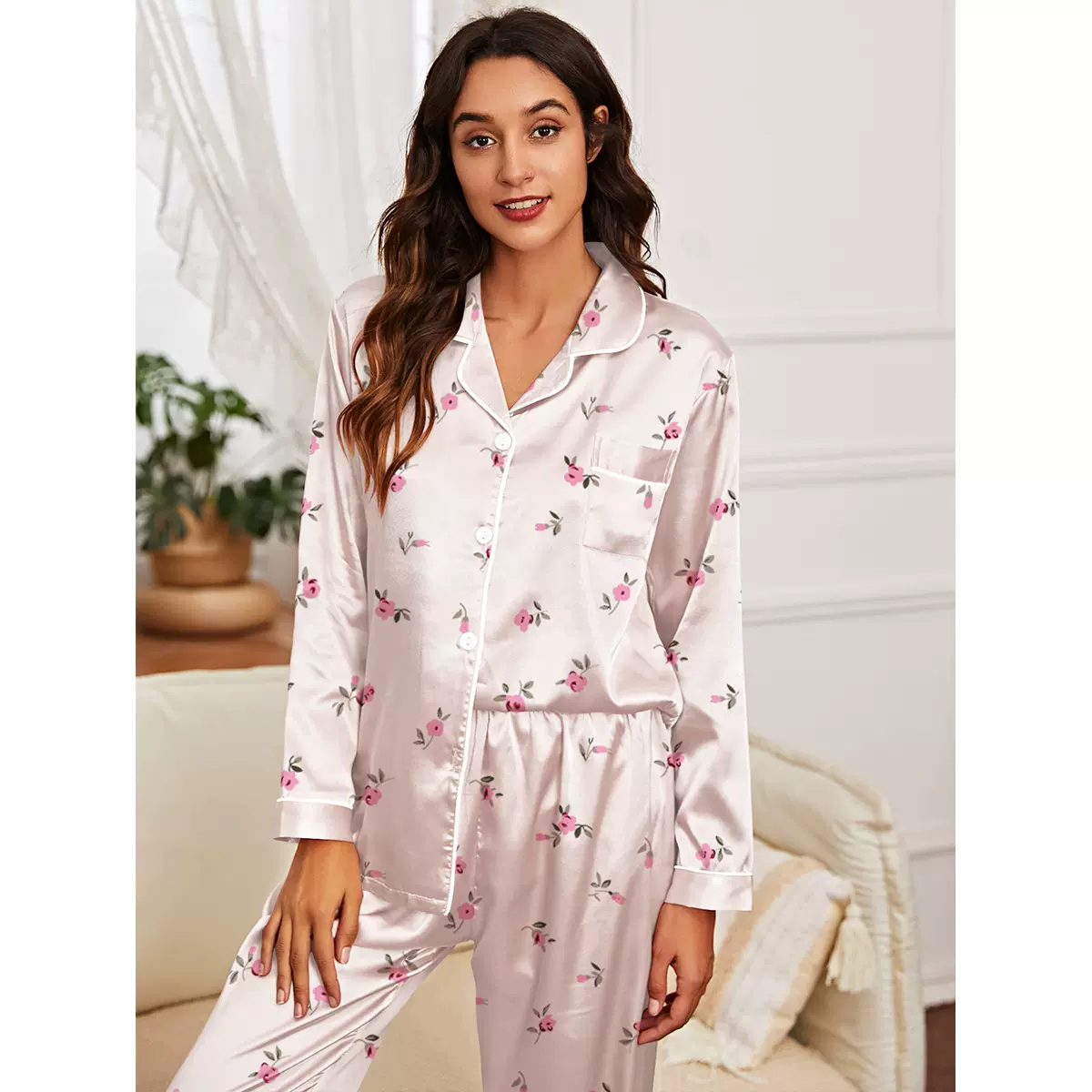 外贸欧美仿真丝女士睡衣秋冬长袖长裤开衫家居服套装可外穿独立站