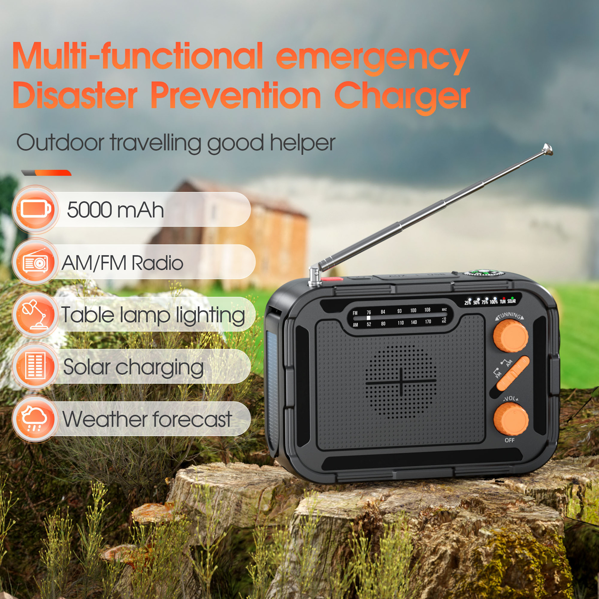 Cross-border disaster prevention emergency hand-cranked power radio multi-functional outdoor solar charging treasure camping flashlight