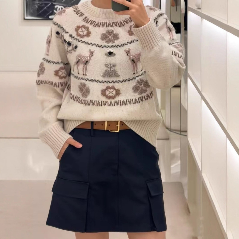 Haute Couture Little Fragrance Ski Series Retro Little Deer Jacquard Knit Sweater 25 Autumn/Winter New Lazy Soft Sweater for Women