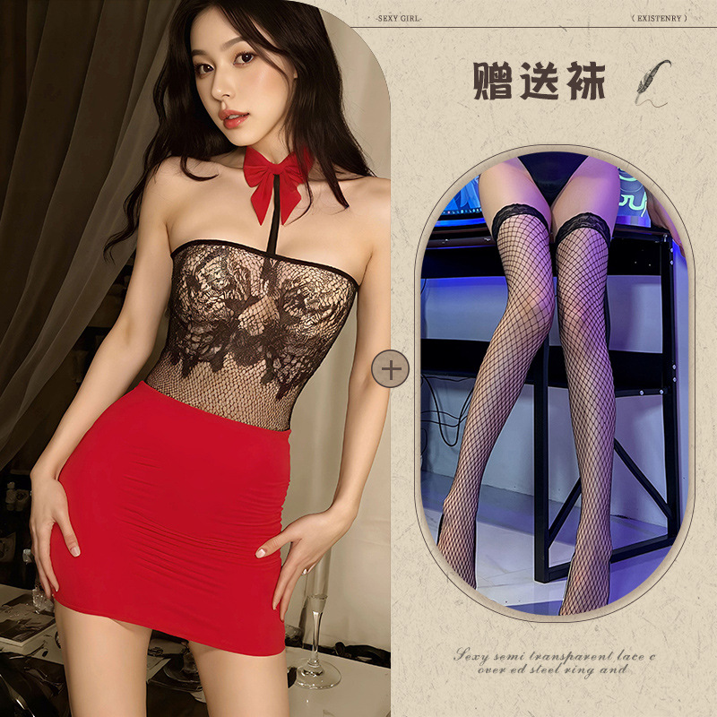 블랙+레드+블랙 망사스타킹
