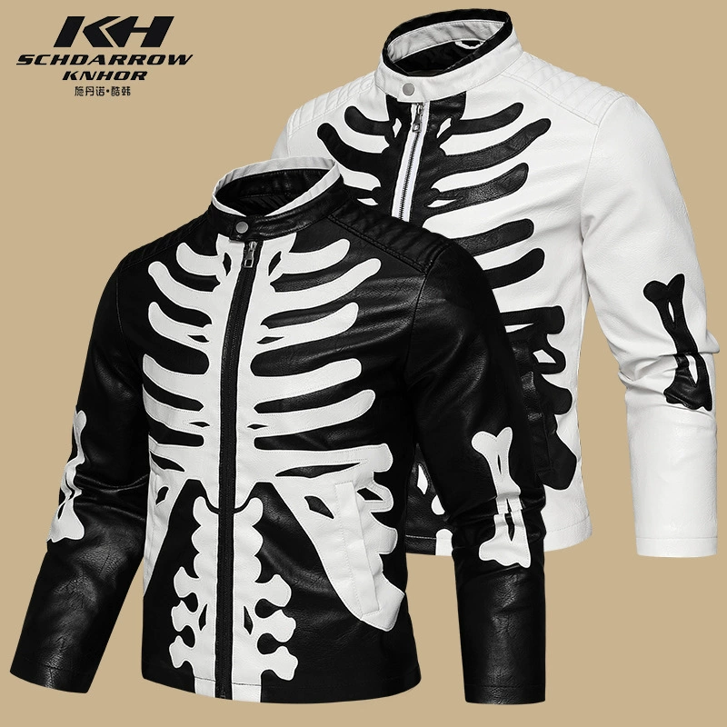 Мужская кожаная одежда ПУ трансграничный тренд локомотивная кожаная куртка с вышивкой черепа человеческая кость черно-белое цветное платье