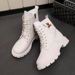 厚底圆头马丁靴女2025秋冬皮面黑色韩版侧拉链靴子英伦风百搭皮靴