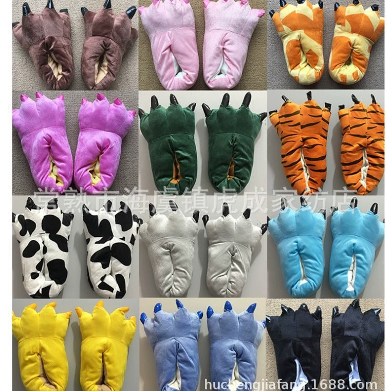 Фланелевые осенне-зимние цельные пижамы с рисунками животных, одинаковые туфли в лапах, хлопковая обувь, бесшумная домашняя обувь, туфли с лапой динозавра