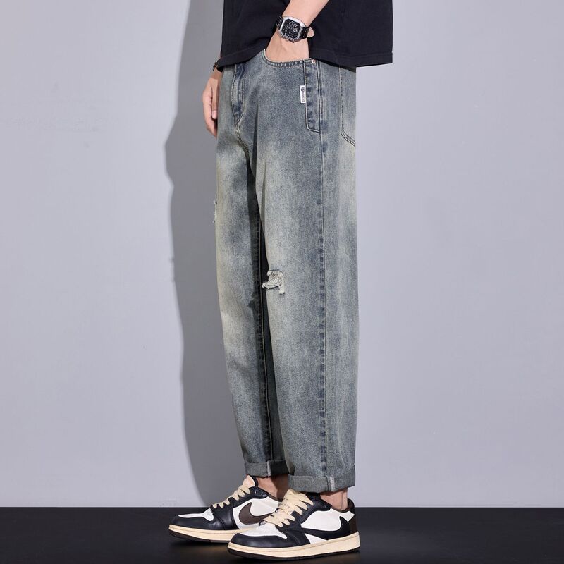 2026 Summer Ripped Thin Cropped Jeans for Men, Loose Fit, Slightly Tapered Straight-Leg Cropped Pants, Trendy Men's Pants 2026 Summer Ripped Thin Cropped Jeans for Men, Loose Fit, Slightly Tapered Straight-Leg Cropped Pants, Trendy Men's Pants