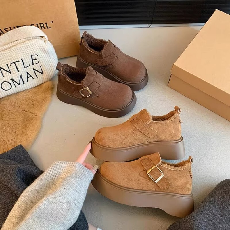 Birkenstock Shoes Women's Winter Slip-On Loafers Thick-Soled 2025 New Velvet Warm Platform Retro Snow Boots Cotton Shoes