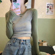 打底衫女秋季新款休闲撞色内搭上衣女修身显瘦甜辣妹少女长袖T恤