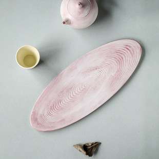 Cherry blossom powder stoneware small tea tray tea space oval ceramic dry tea table simple retro small tea table tray
